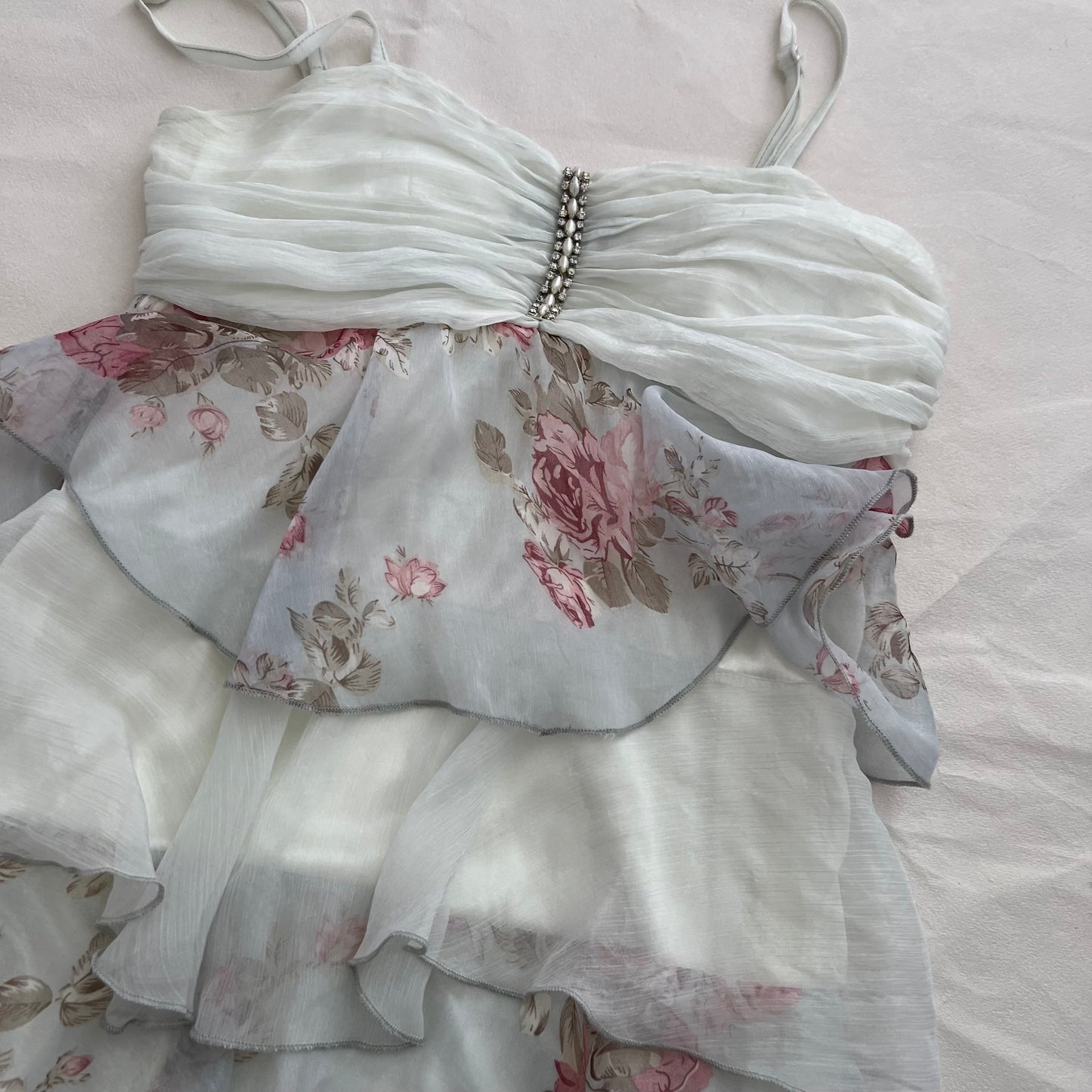 Vintage White Blue Floral Ruched Bust Frilly Silk Tiered Camisole