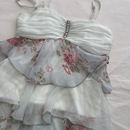 Vintage White Blue Floral Ruched Bust Frilly Silk Tiered Camisole