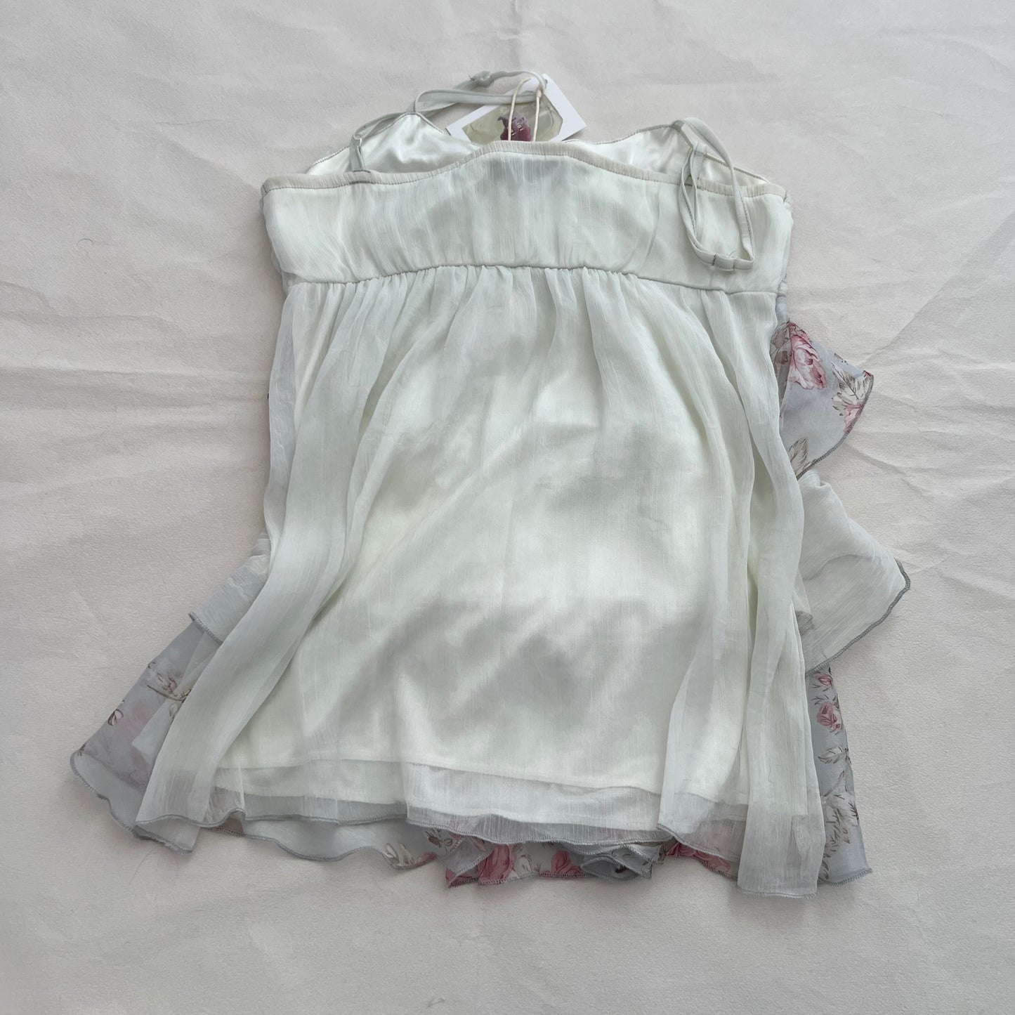 Vintage White Blue Floral Ruched Bust Frilly Silk Tiered Camisole