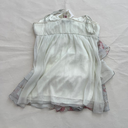 Vintage White Blue Floral Ruched Bust Frilly Silk Tiered Camisole