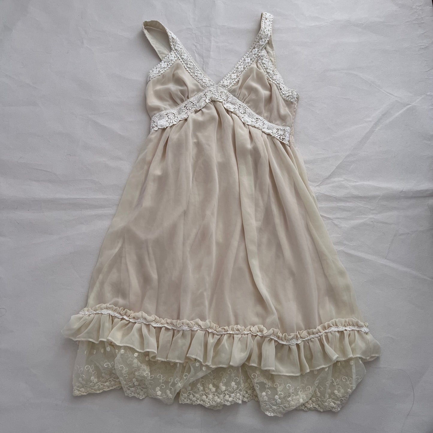 Nadasha Dainty Eurosummer Butter Yellow Ruffle Hem Tulle Crochet Lace Trim Mini Dress