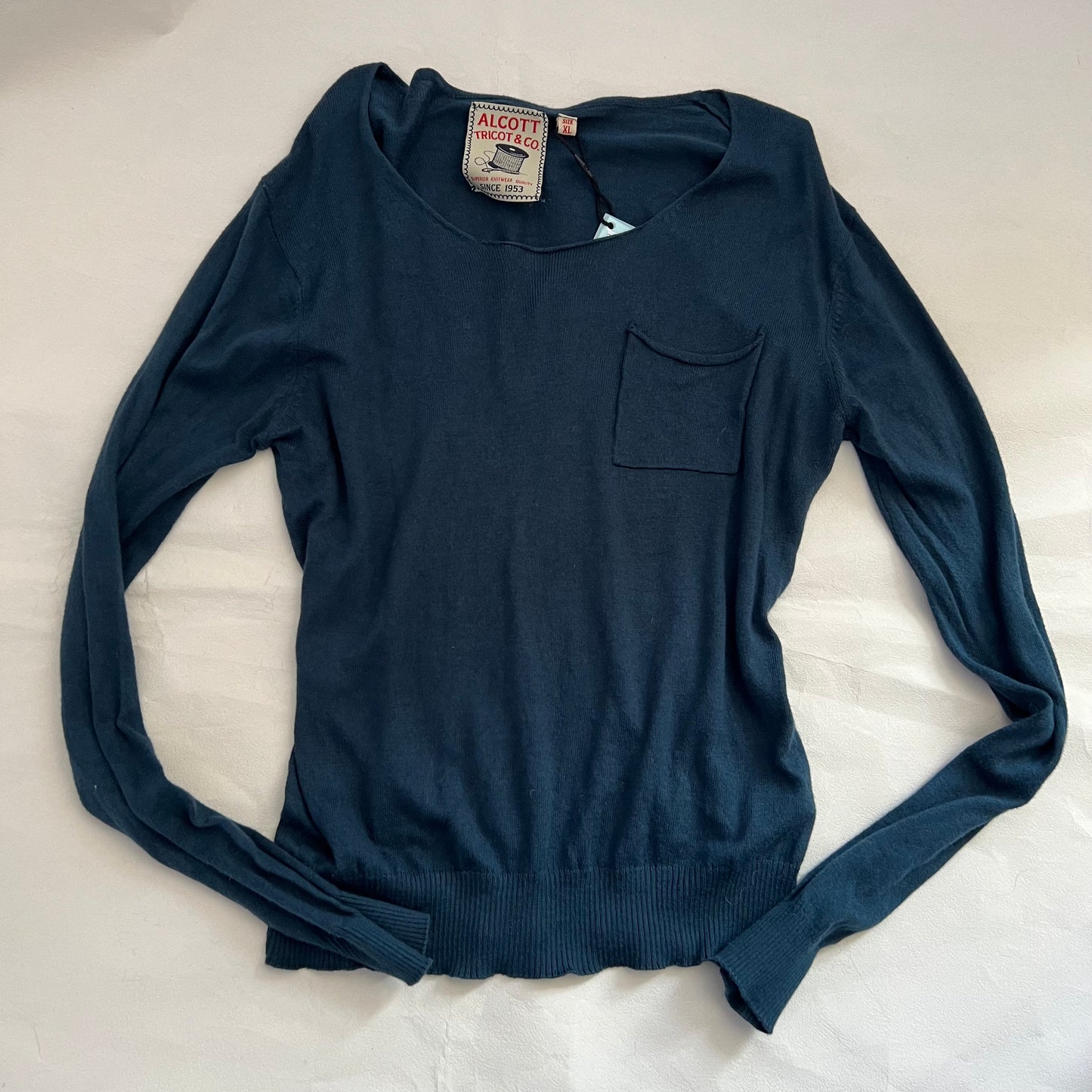 Vintage Tricot & Co Petrol Blue Round Neck Fine Knit Pocket Sweater