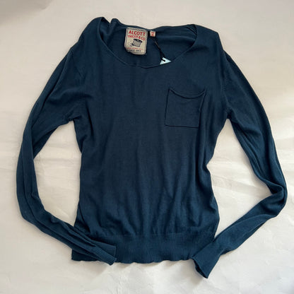 Vintage Tricot & Co Petrol Blue Round Neck Fine Knit Pocket Sweater