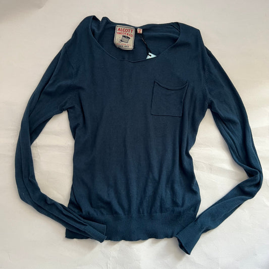Vintage Tricot & Co Petrol Blue Round Neck Fine Knit Pocket Sweater
