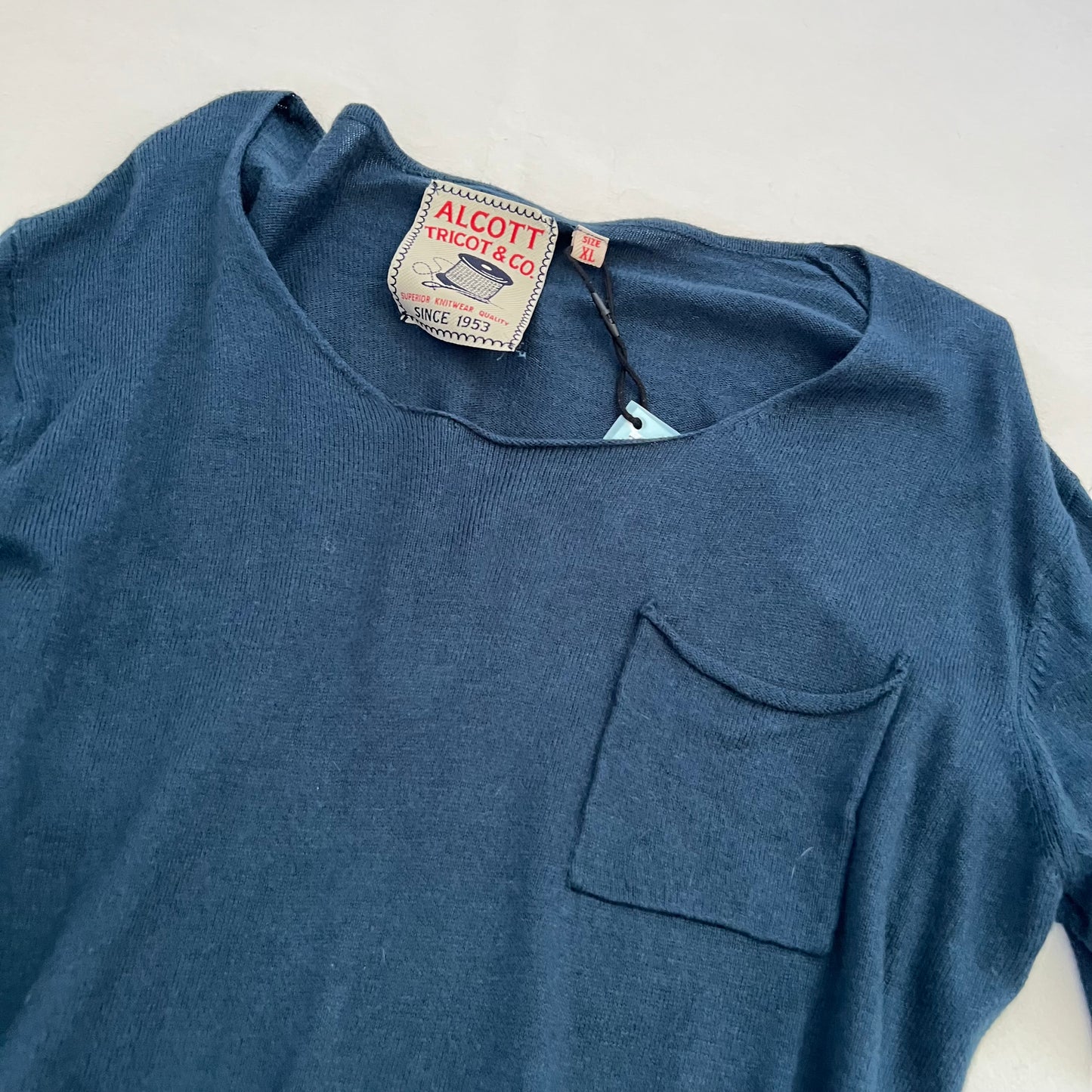 Vintage Tricot & Co Petrol Blue Round Neck Fine Knit Pocket Sweater