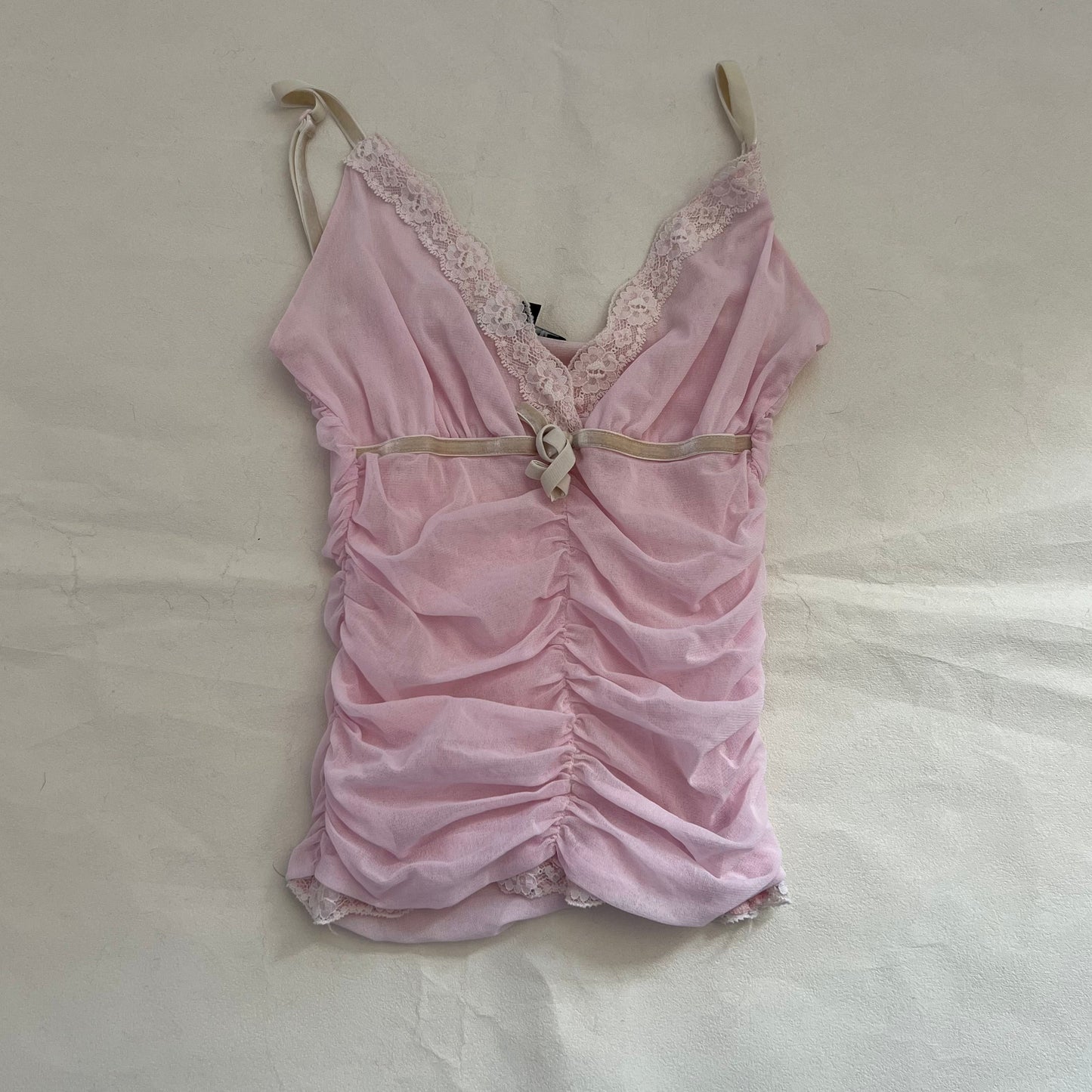 Miss Tokyo Baby Pink White Ruched Ivory Velvet Trim Lacey Camisole
