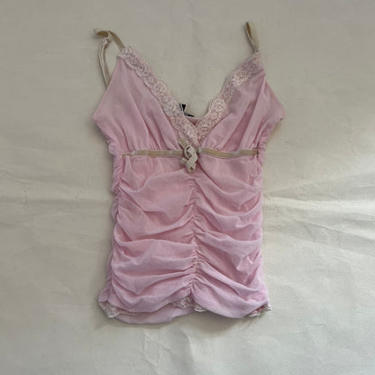 Miss Tokyo Baby Pink White Ruched Ivory Velvet Trim Lacey Camisole