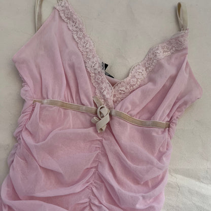 Miss Tokyo Baby Pink White Ruched Ivory Velvet Trim Lacey Camisole