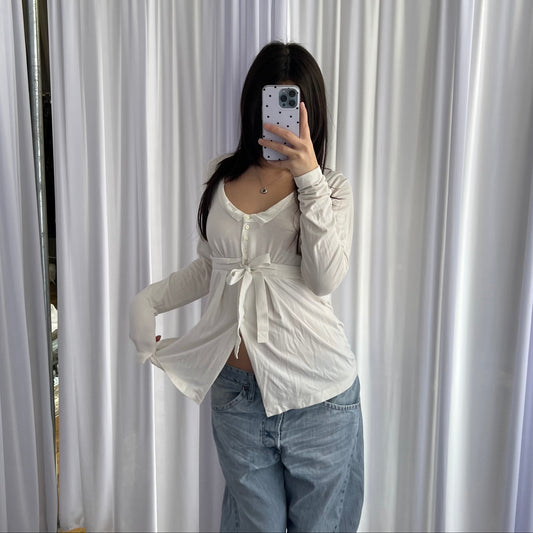Cop Copine White Collared Long Sleeve Front Ribbon Tunic Blouse