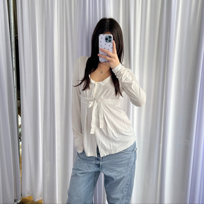 Cop Copine White Collared Long Sleeve Front Ribbon Tunic Blouse