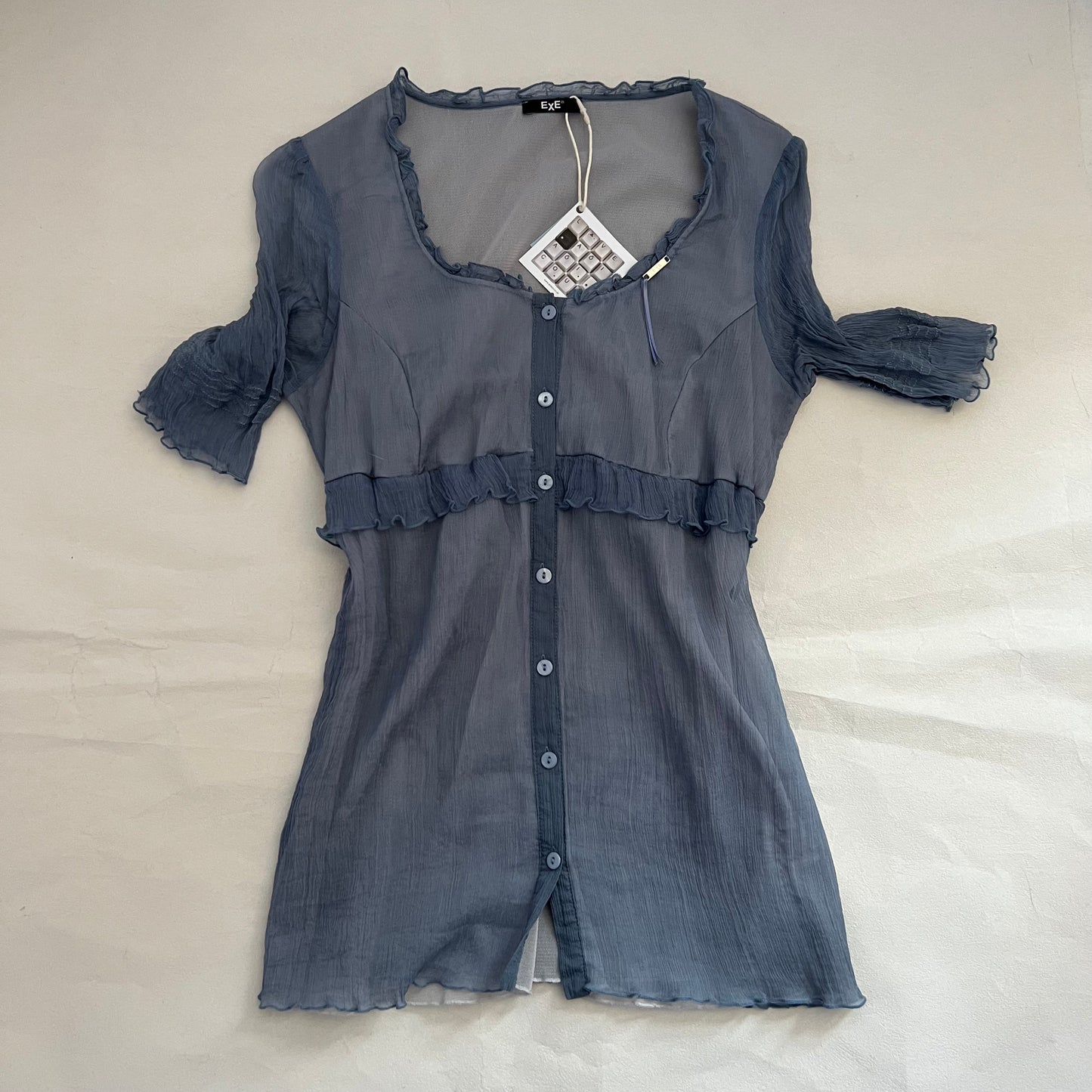 Exe Sheer Powder Blue Short Sleeve Lacey Button Down Blouson Shirt