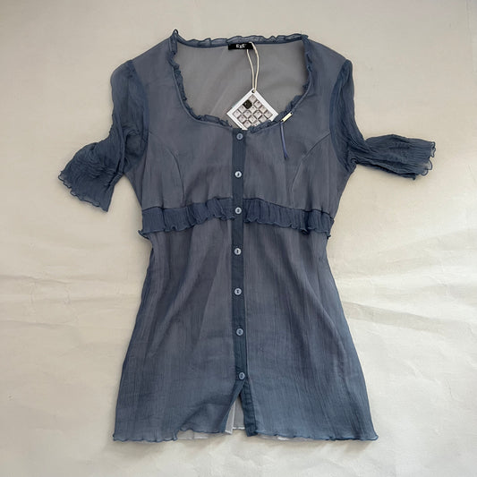 Exe Sheer Powder Blue Short Sleeve Lacey Button Down Blouson Shirt