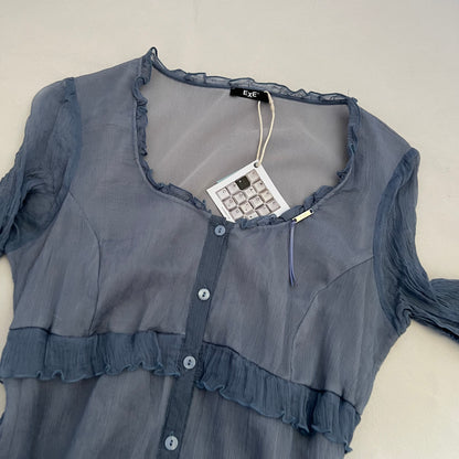 Exe Sheer Powder Blue Short Sleeve Lacey Button Down Blouson Shirt
