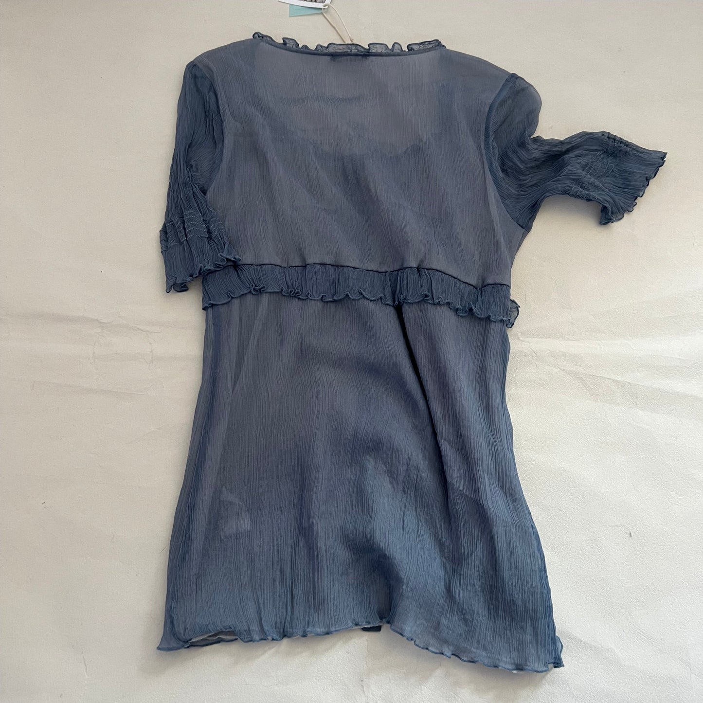 Exe Sheer Powder Blue Short Sleeve Lacey Button Down Blouson Shirt