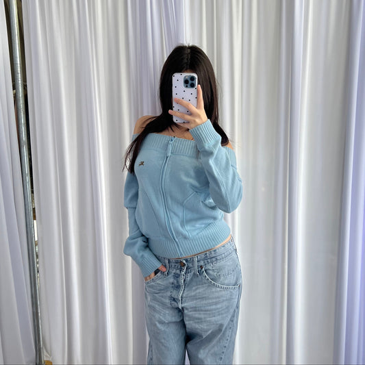 Baby Blue Burberry Blue Label Wide Neck Zip Sweater Cardigan Top