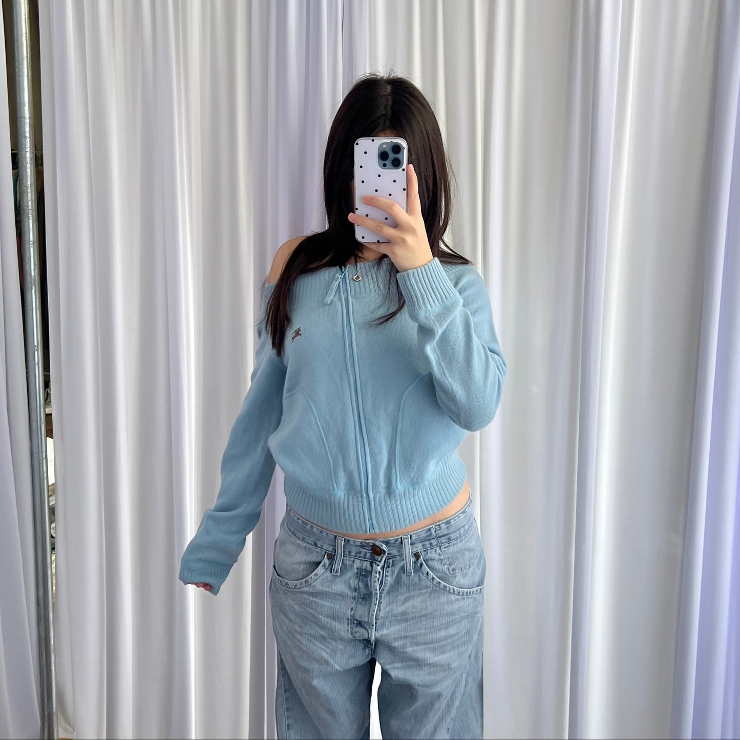 Baby Blue Burberry Blue Label Wide Neck Zip Sweater Cardigan Top