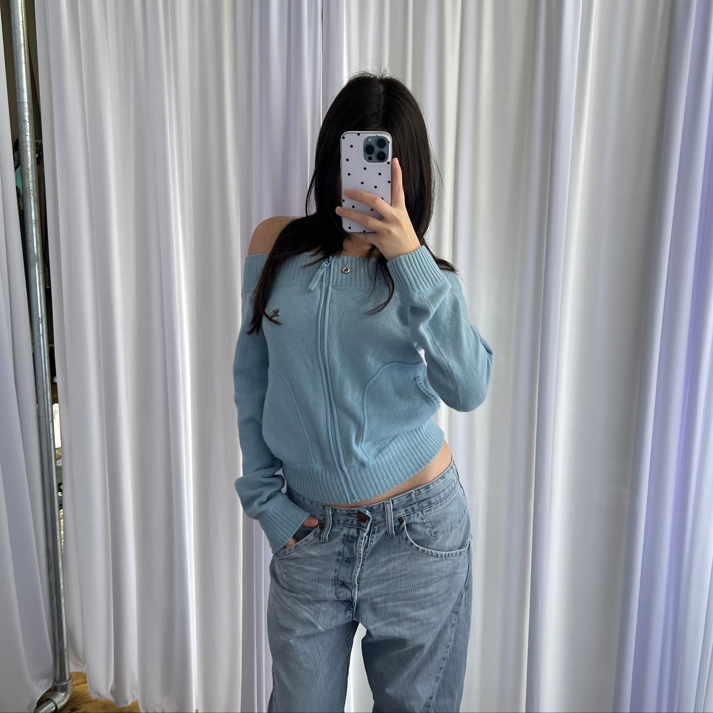 Baby Blue Burberry Blue Label Wide Neck Zip Sweater Cardigan Top