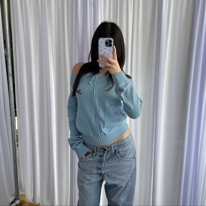Baby Blue Burberry Blue Label Wide Neck Zip Sweater Cardigan Top
