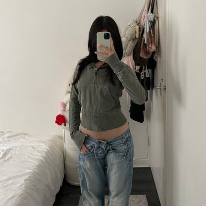 khaki grunge sleaze diesel long sleeve zip faded text hoodie jacket