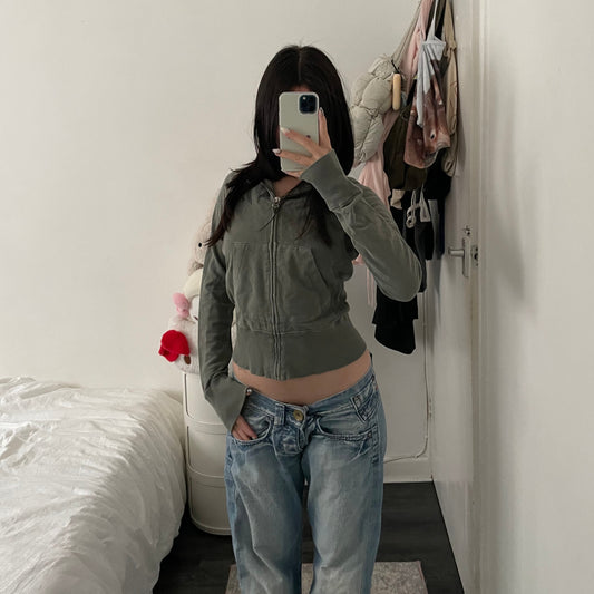 khaki grunge sleaze diesel long sleeve zip faded text hoodie jacket