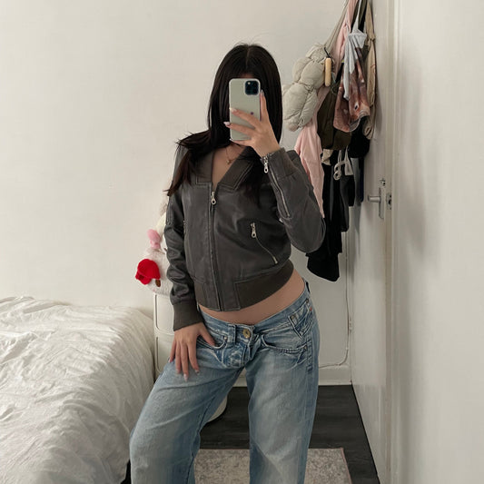 double standard taupe brown grey leather blouson ribbed hem biker jacket