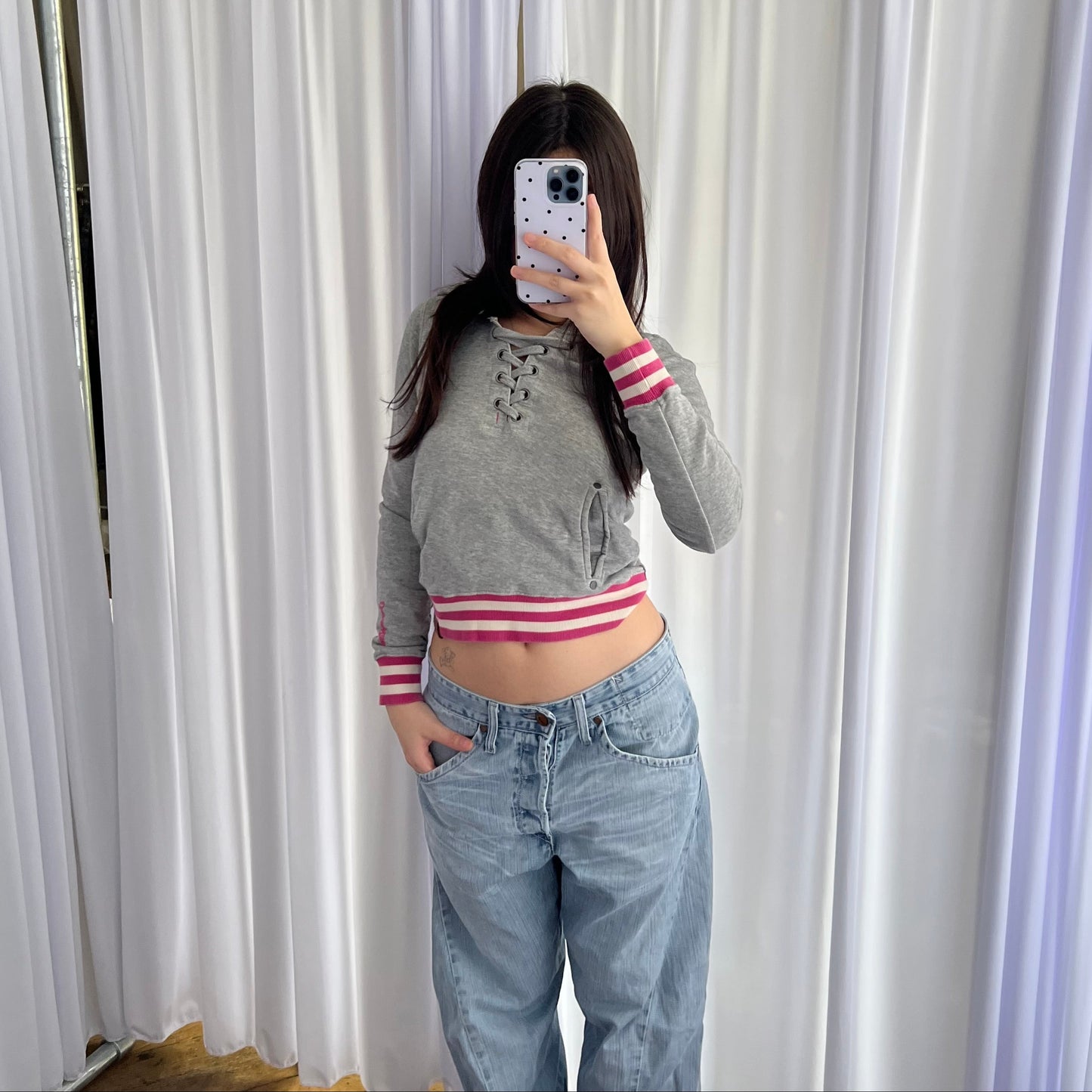 Grey Pink Striped Lace Up G-Star RAW Hoodie