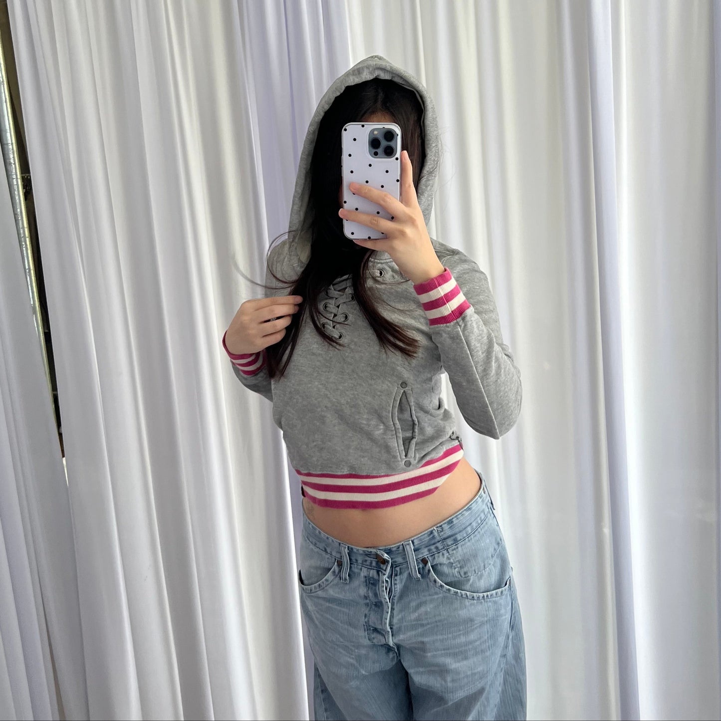 Grey Pink Striped Lace Up G-Star RAW Hoodie