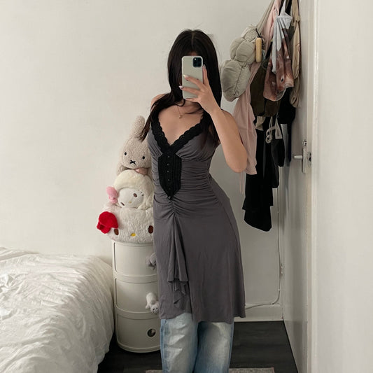 romantic eurosummer morgan de toi purple grey ruched lacey asymmetric hem dress