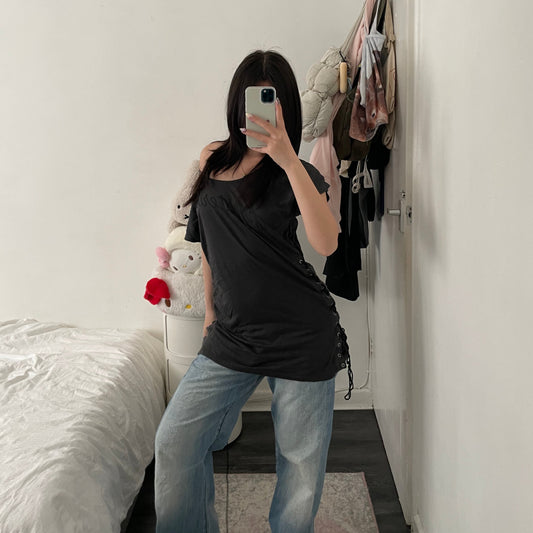 grunge sleaze hysteric glamour grey faded black ruched lace up sides t shirt dress