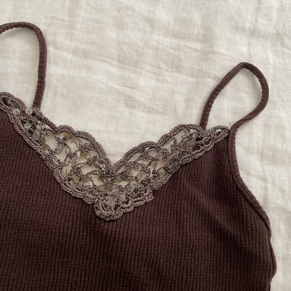 brown morgan de toi fitted crop crochet sequin neckline camisole
