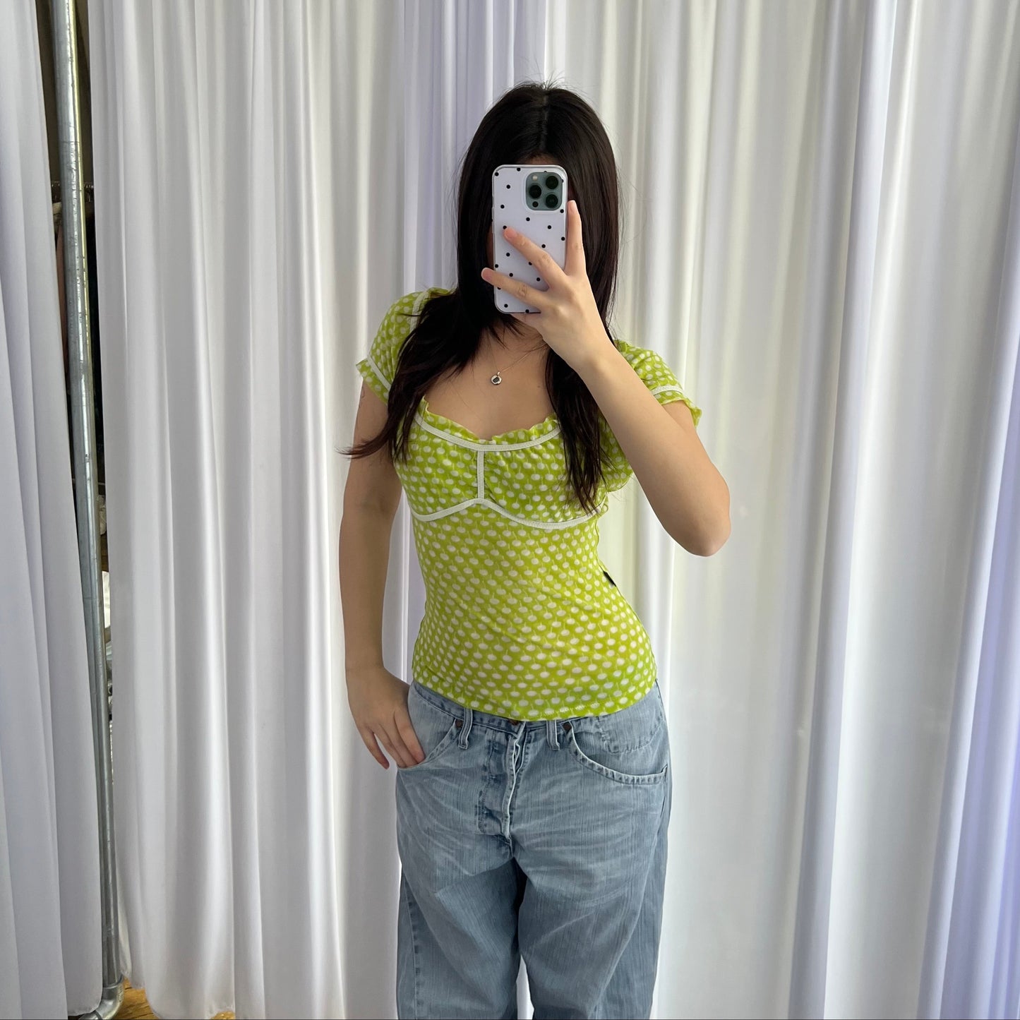Moschino Light Spring Green Polka Dot Style Milkmaid Ruched Blouson