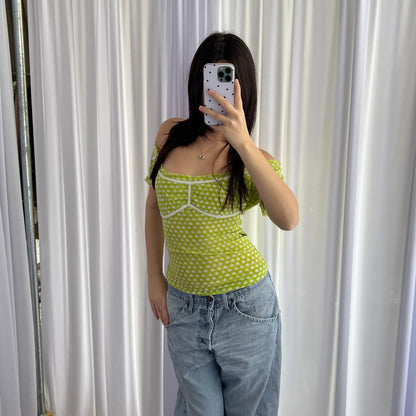 Moschino Light Spring Green Polka Dot Style Milkmaid Ruched Blouson