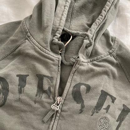 khaki grunge sleaze diesel long sleeve zip faded text hoodie jacket