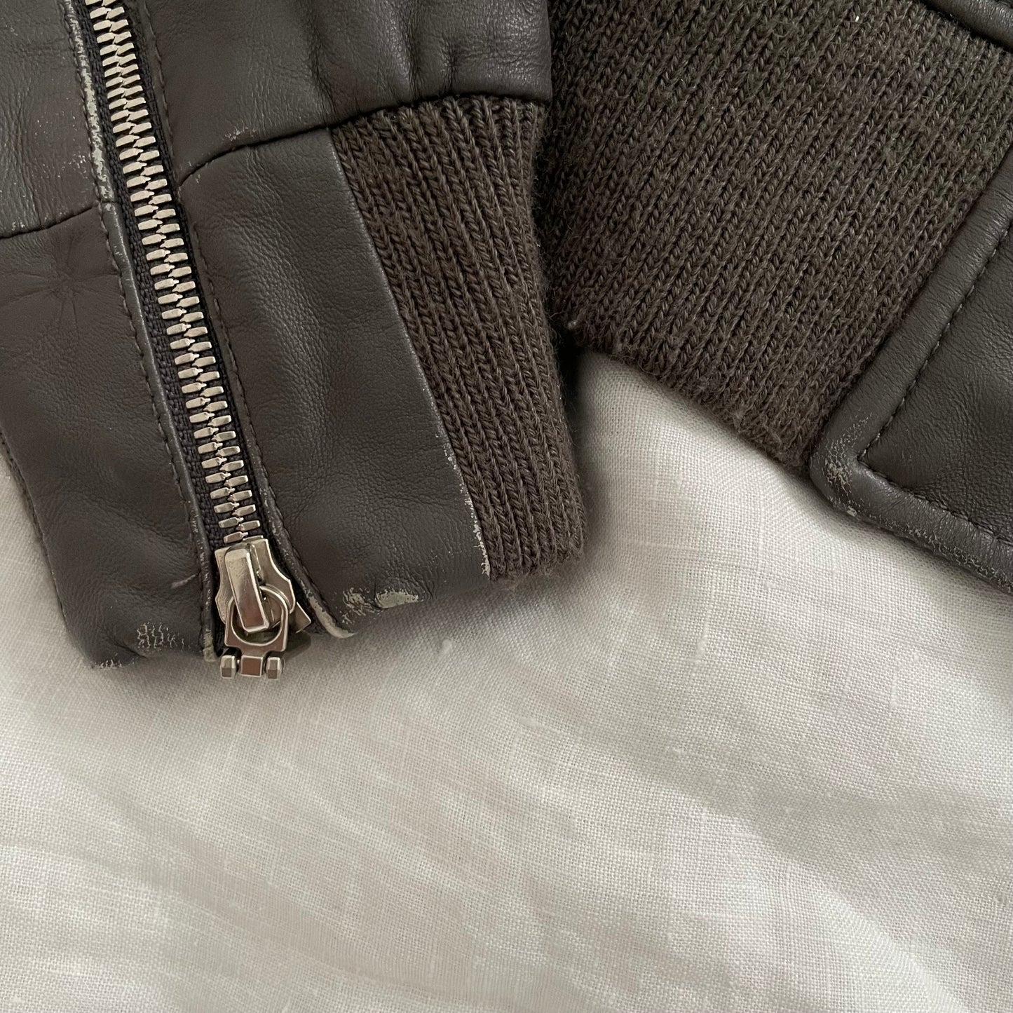 double standard taupe brown grey leather blouson ribbed hem biker jacket