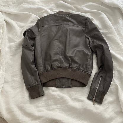 double standard taupe brown grey leather blouson ribbed hem biker jacket