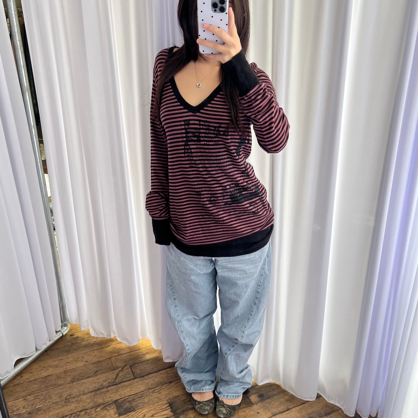 Hysteric Glamour x Destroy All Monsters Pink Black Striped Graphic Print Long Sleeve V Neck Sweater