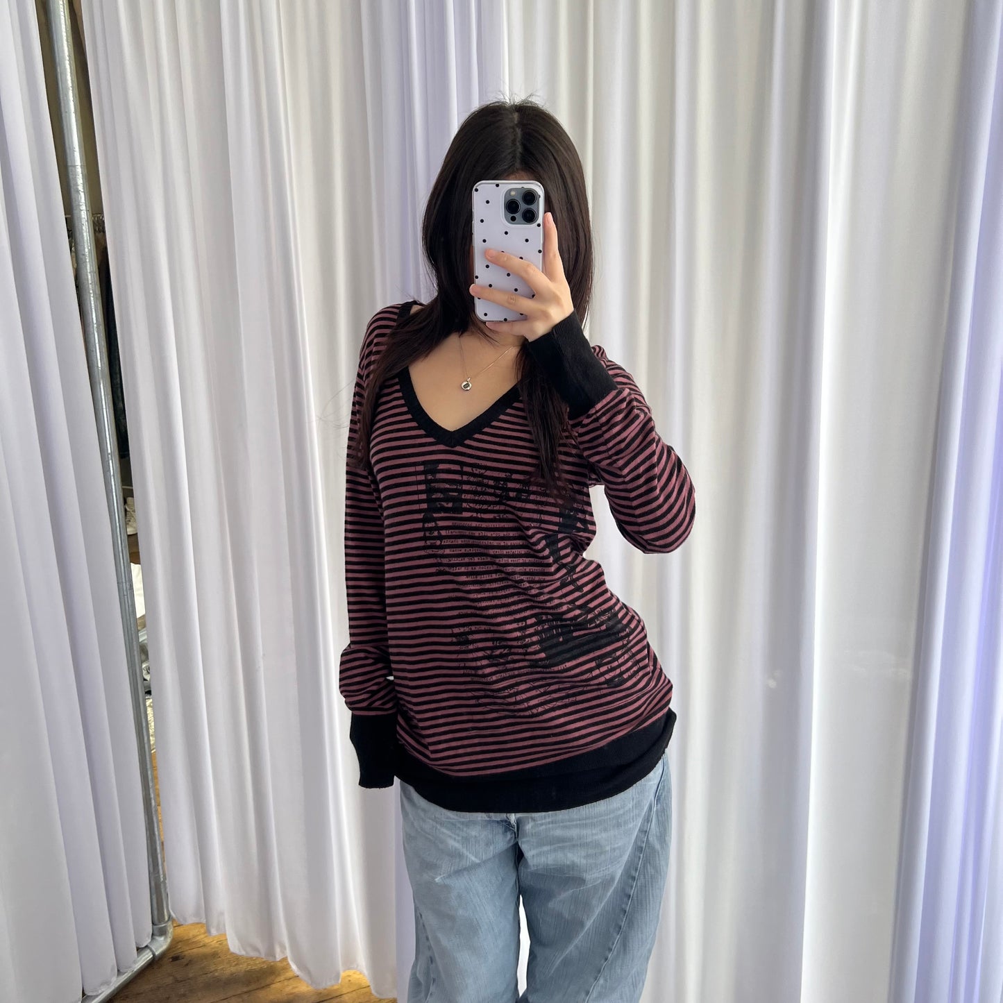 Hysteric Glamour x Destroy All Monsters Pink Black Striped Graphic Print Long Sleeve V Neck Sweater
