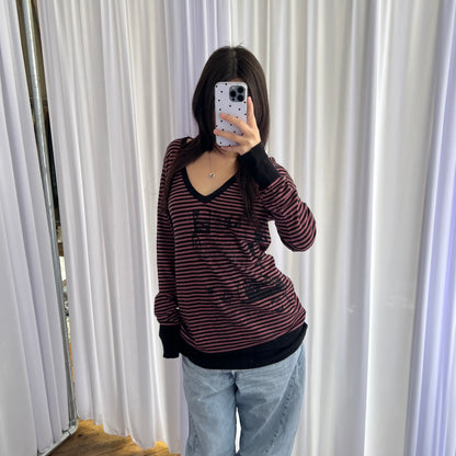 Hysteric Glamour x Destroy All Monsters Pink Black Striped Graphic Print Long Sleeve V Neck Sweater
