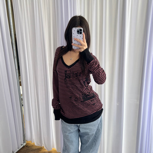 Hysteric Glamour x Destroy All Monsters Pink Black Striped Graphic Print Long Sleeve V Neck Sweater