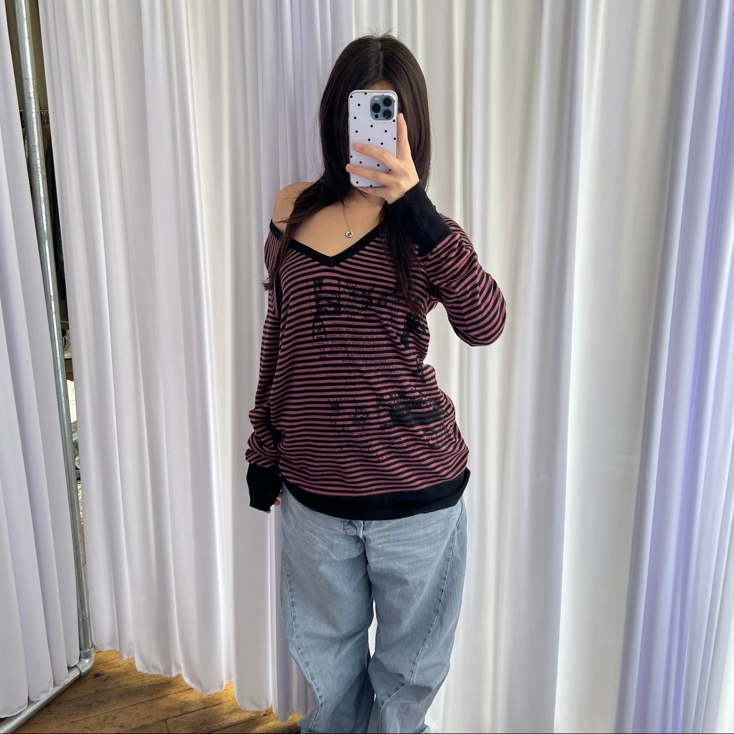 Hysteric Glamour x Destroy All Monsters Pink Black Striped Graphic Print Long Sleeve V Neck Sweater
