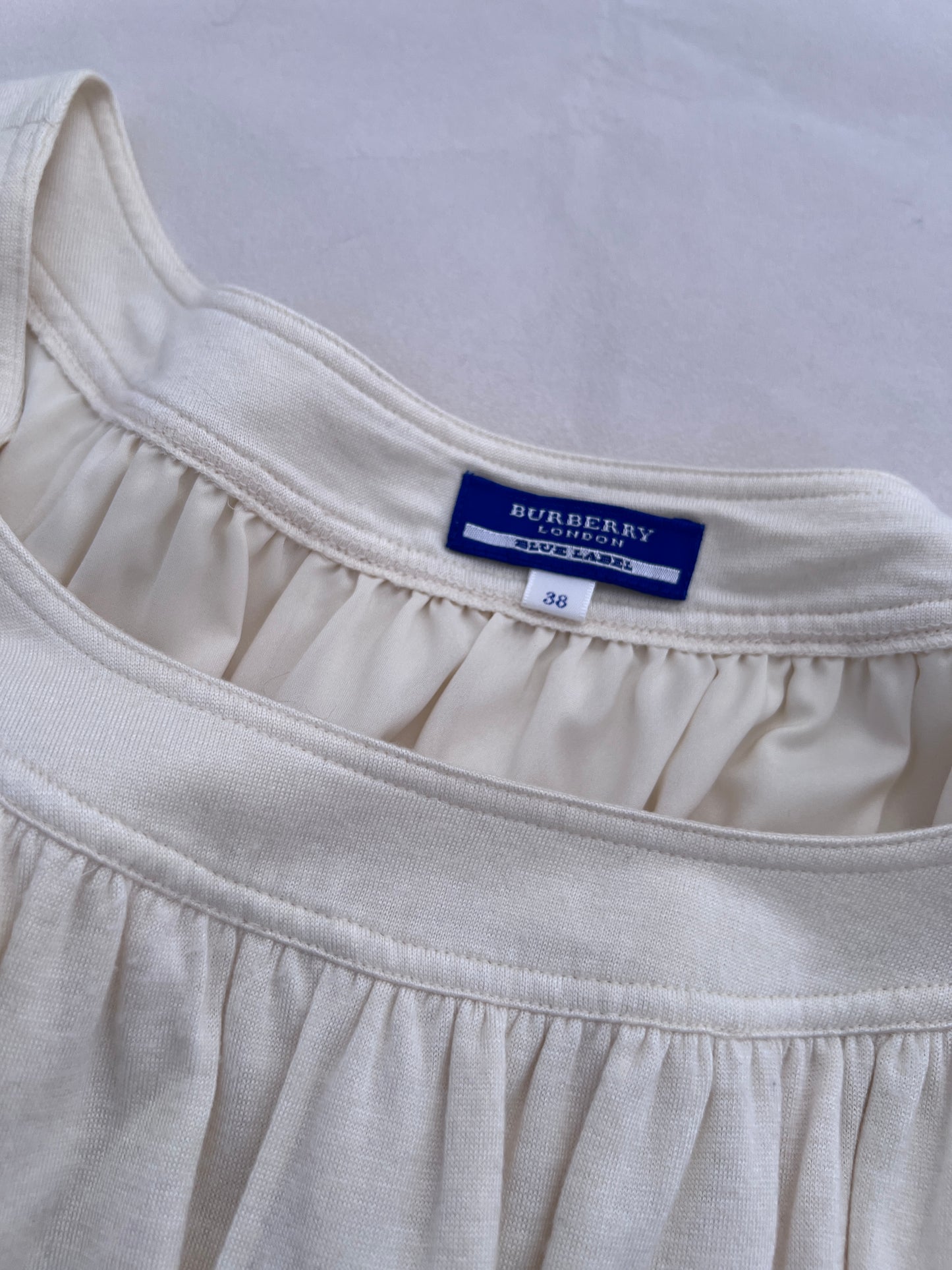 Cream Burberry Blue Label Milkmaid Coquette Half Sleeve Babydoll Ruched Blouson Top