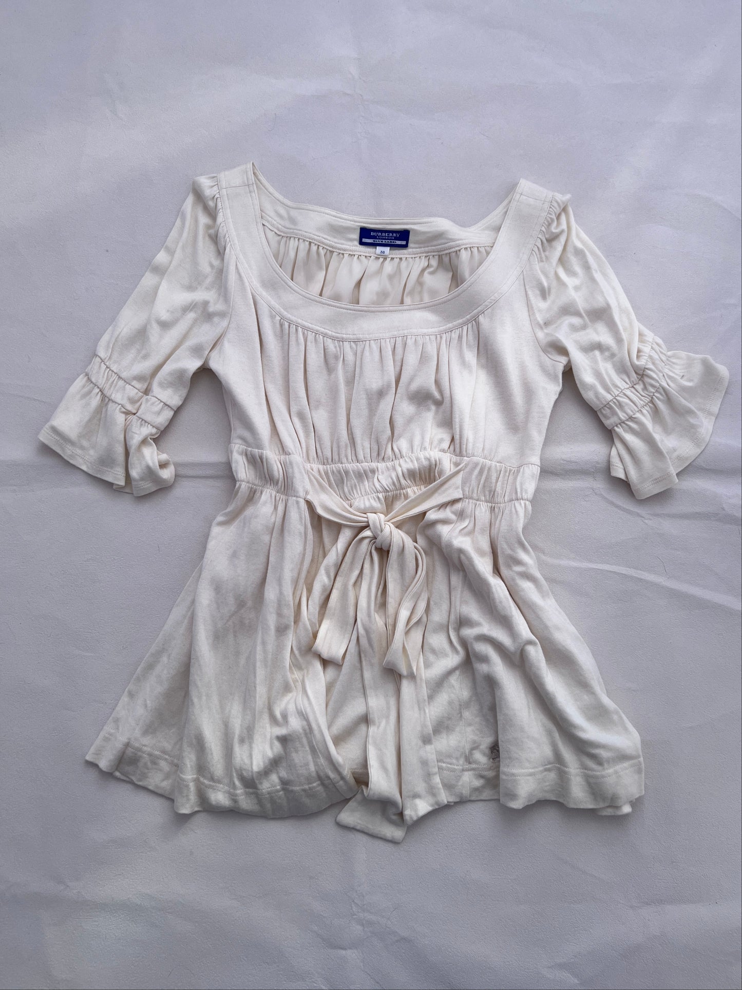 Cream Burberry Blue Label Milkmaid Coquette Half Sleeve Babydoll Ruched Blouson Top