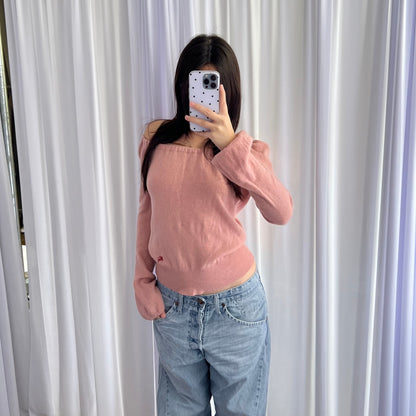 Burberry Blue Label Pink Long Sleeve Ruched Neck Wool Cashmere Balloon Sleeve Knit Sweater
