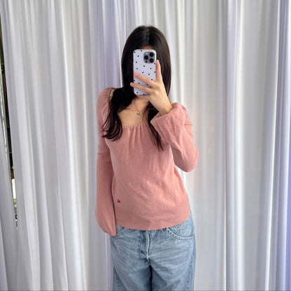Burberry Blue Label Pink Long Sleeve Ruched Neck Wool Cashmere Balloon Sleeve Knit Sweater