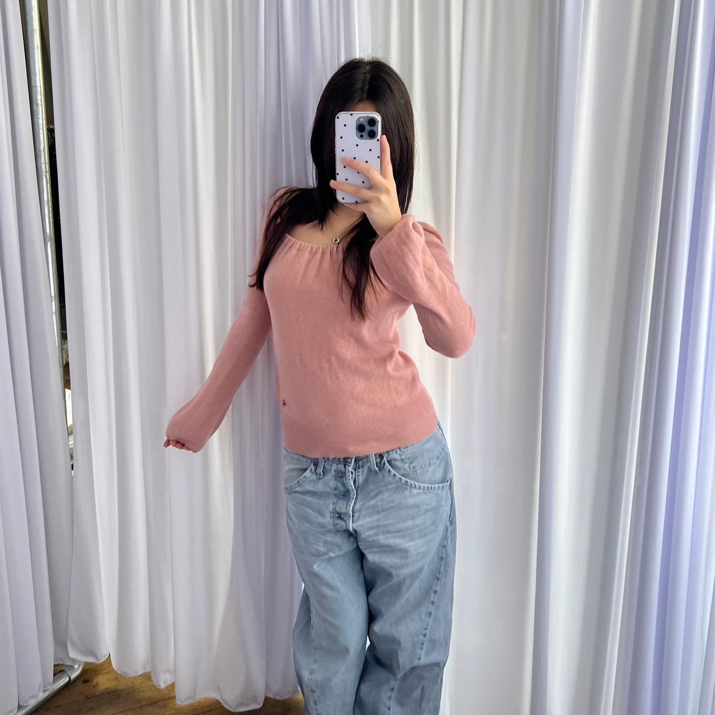 Burberry Blue Label Pink Long Sleeve Ruched Neck Wool Cashmere Balloon Sleeve Knit Sweater