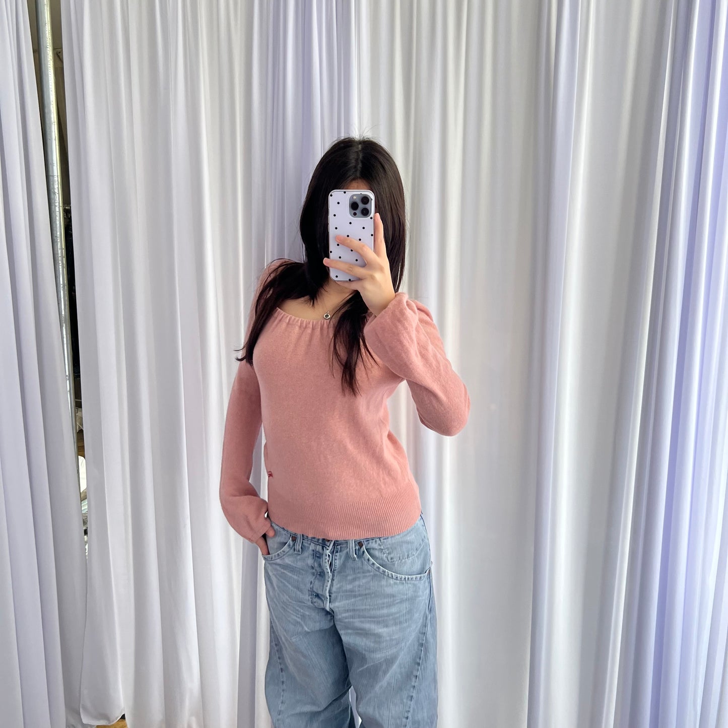 Burberry Blue Label Pink Long Sleeve Ruched Neck Wool Cashmere Balloon Sleeve Knit Sweater