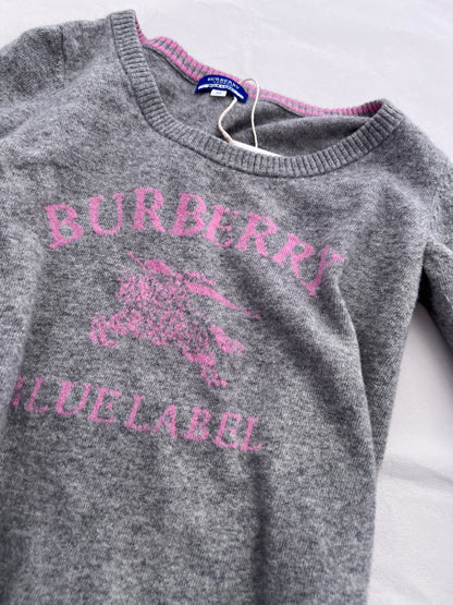 Burberry Blue Label Wool Blend Heather Grey Baby Pink Text Long Sleeve Sweater Dress