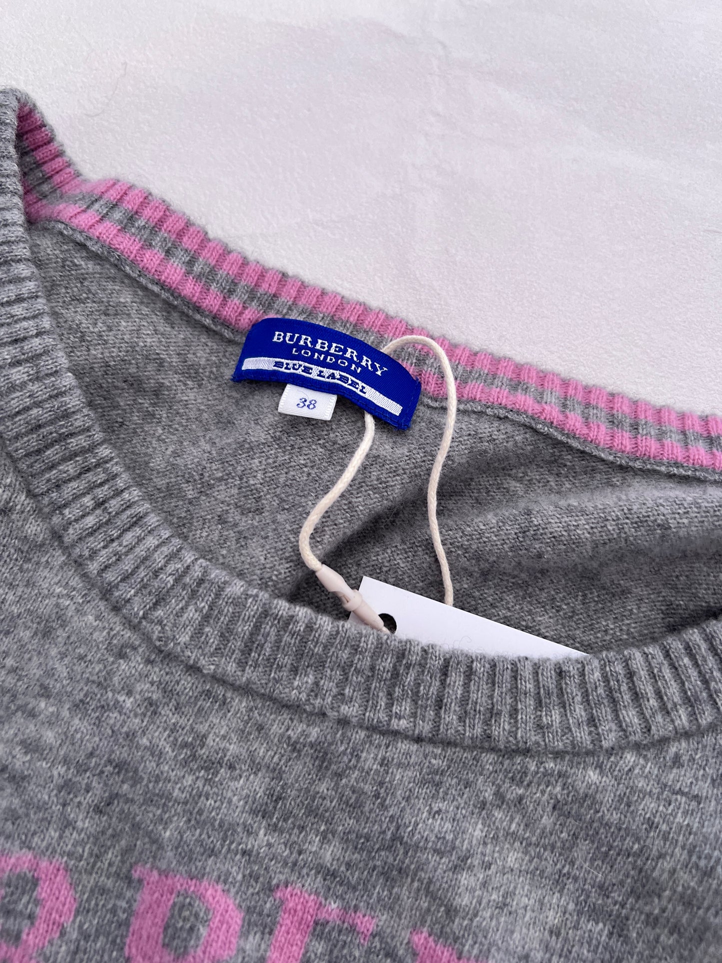 Burberry Blue Label Wool Blend Heather Grey Baby Pink Text Long Sleeve Sweater Dress