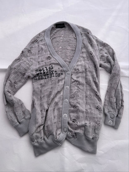 Hysteric Glamour Grey Distressed Graphic Knit Cardigan