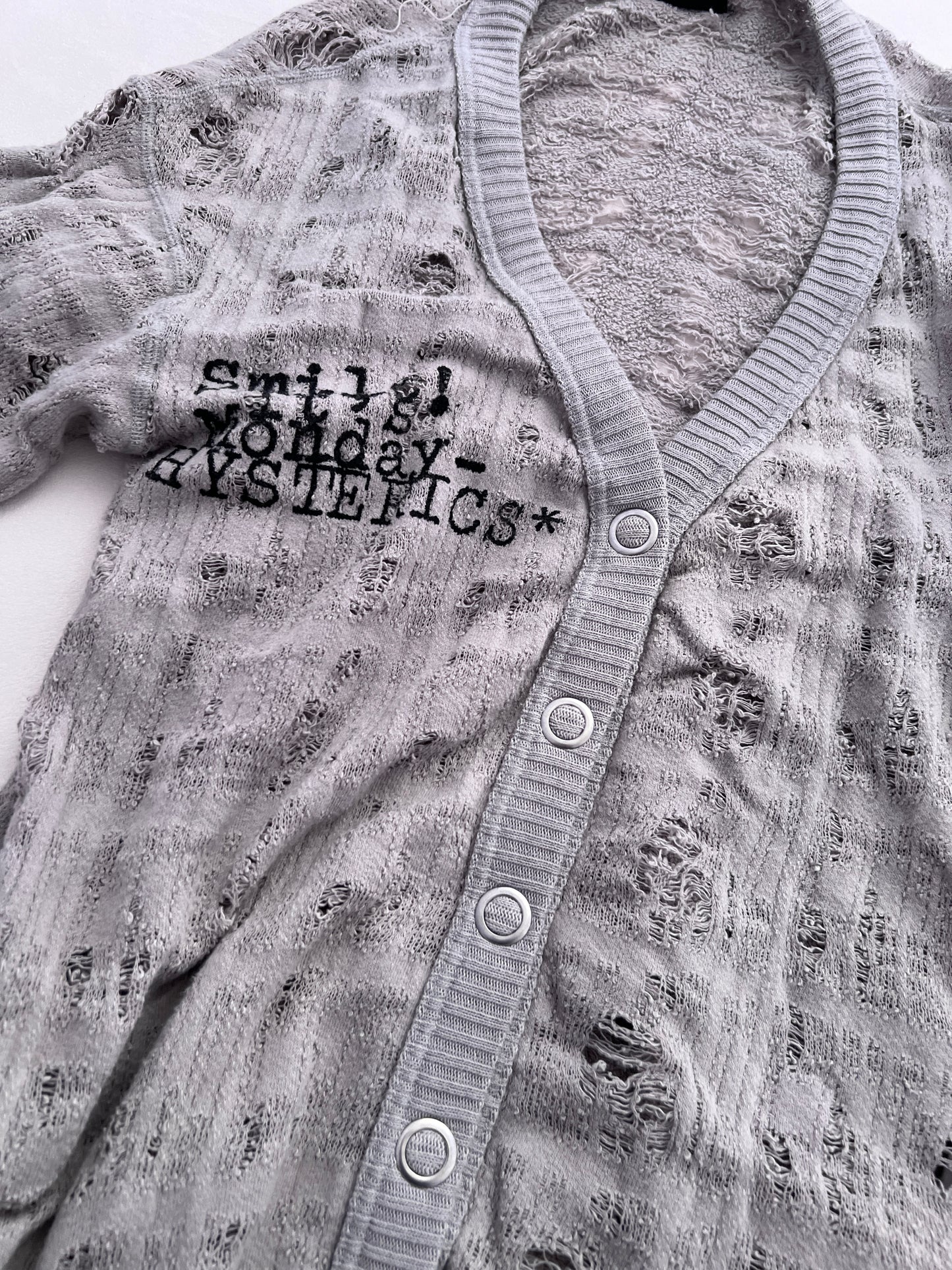 Hysteric Glamour Grey Distressed Graphic Knit Cardigan